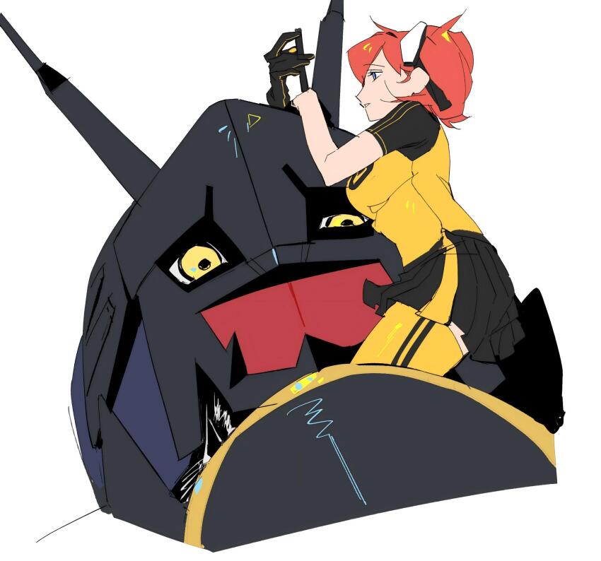 1girl aiba_ami alphamon armor black_armor black_helmet black_shirt black_skirt blue_eyes breasts dawu233 digimon digimon_(creature) digimon_story:_cyber_sleuth forehead_jewel full_body helmet highres knight kuremi_kyouko large_breasts pleated_skirt red_hair shirt side_ponytail simple_background skirt thighhighs two-tone_shirt white_background yellow_eyes yellow_shirt yellow_thighhighs yuri