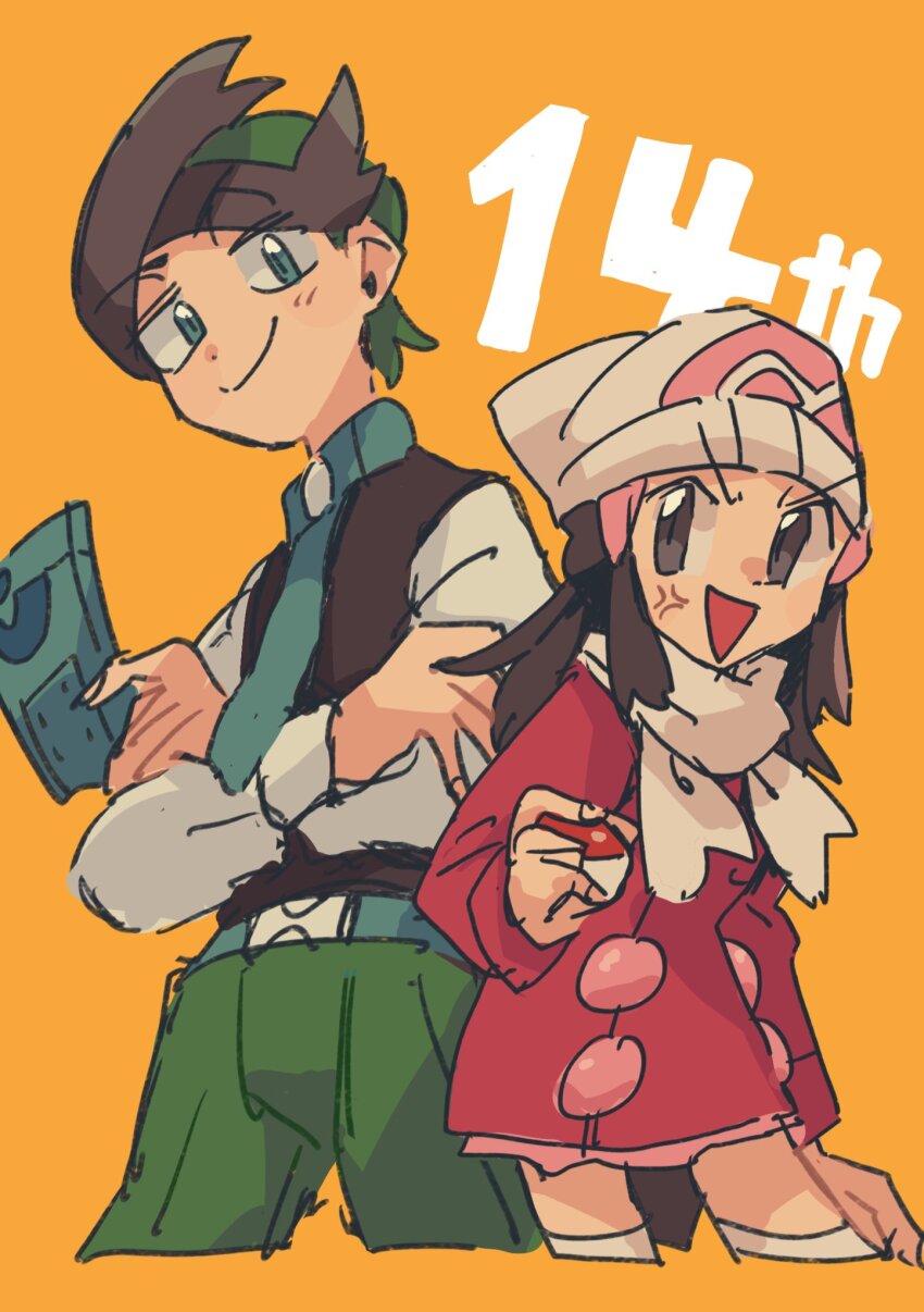 1boy 1girl anger_vein beanie belt black_hair black_shirt coat dawn_(pokemon) green_belt green_eyes green_hair green_necktie green_pants hat highres holding holding_poke_ball looking_at_viewer multicolored_hair necktie nintendo pants pink_coat poke_ball pokemon pokemon_dppt pokemon_platinum scarf shirt smile socks thorton_(pokemon) two-tone_hair white_scarf white_shirt white_socks yellow_background yusho_(ossm03)