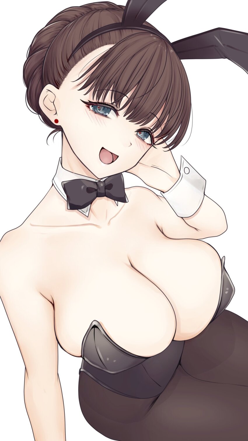1girl aged_up animal_ear_hairband animal_ears bare_shoulders black_bow black_bowtie black_leotard black_pantyhose blush bow bowtie breasts brown_hair collarbone commentary detached_collar earrings fake_animal_ears hairband head_tilt highres idolmaster idolmaster_cinderella_girls jewelry large_breasts leotard looking_at_viewer pantyhose playboy_bunny rabbit_ear_hairband rabbit_ears sakuma_mayu saltylemontea simple_background smile solo strapless strapless_leotard stud_earrings white_background wrist_cuffs