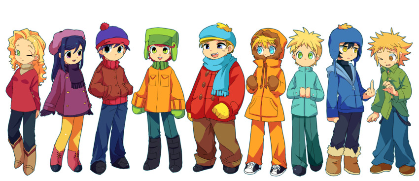 &gt;_o 2girls 6+boys baggy_pants beanie bebe_stevens beret black_hair blonde_hair blue_eyes boots brown_eyes brown_hair butters_stotch button_gap chullo collared_shirt covered_mouth craig_tucker eric_cartman full_body fur-trimmed_boots fur-trimmed_hood fur_hat fur_trim gloves green_eyes hands_in_pockets hat high_collar highres hirano_kei hood hood_up hoodie jacket kenny_mccormick kyle_broflovski long_hair long_sleeves middle_finger mittens multiple_boys multiple_girls one_eye_closed open_mouth pants pantyhose pom_pom_(clothes) pom_pom_beanie purple_eyes red_hair scarf shirt short_hair skirt smile south_park stan_marsh teeth tweek_tweak upper_teeth_only ushanka wendy_testaburger yellow_eyes