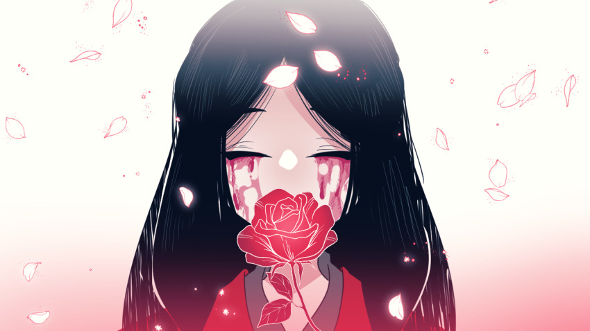 1other black_hair black_shirt blood bloody_tears closed_eyes coat collared_shirt flower long_hair madotsuki_ren project_moon red_coat red_flower red_rose rose rose_(wonder_lab) shirt solo spoilers upper_body wonderlab