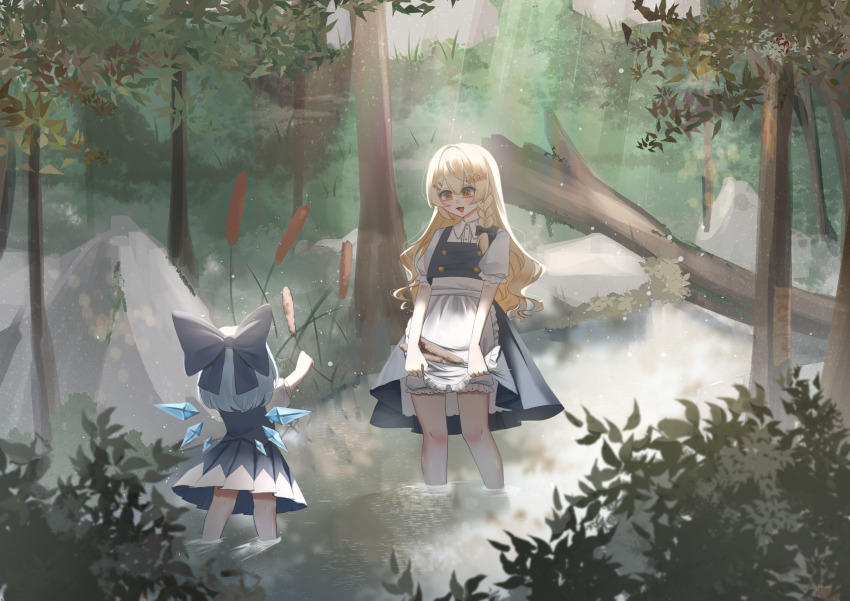 2girls :d absurdres black_bow blonde_hair bloomers blue_bow blue_hair bow braid cattail cirno collar dress facing_away fallen_tree forest from_behind hair_bow hair_ornament hairclip highres holding ice ice_wings kirisame_marisa leaf long_hair multiple_girls nature no_noru ofuda on_water open_mouth plant puffy_short_sleeves puffy_sleeves rock short_hair short_sleeves side_braid single_braid skirt smile sunlight touhou tree underwear white_dress wings