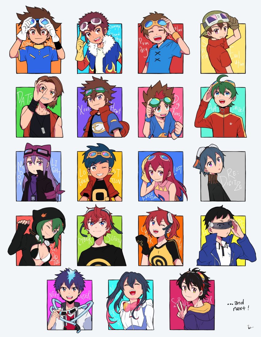 aiba_ami aiba_takumi akashi_tagiru amasawa_keisuke appmon daimon_masaru_(digimon_savers) digimon digimon_adventure digimon_adventure_02 digimon_frontier digimon_savers digimon_story:_cyber_sleuth digimon_story:_cyber_sleuth_-_hacker&#039;s_memory digimon_story:_cyber_sleuth_hacker&#039;s_memory digimon_story:_lost_evolution digimon_story:_sunburst_and_moonlight digimon_survive digimon_tamers digimon_universe:_appli_monsters digimon_world_-next_0rder- digimon_world_re:digitize digimon_world_re:digitize_decode digimon_xros_wars digimon_xros_wars:_toki_wo_kakeru_shounen_hunter-tachi goggles goggles_around_neck goggles_on_head high_ponytail highres hood kanbara_takuya kizuna_(digimon) kudou_taiki matsuda_takato momotsuka_takuma motomiya_daisuke natsuki_(aisae) ponytail sayo_(digimon) shiki_(digimon_world_-next_0rder-) shinkai_haru shinomiya_rina shu_(digimon) smile taiga_(digimon) takuto_(digimon_world_-next_0rder-) v yagami_taichi