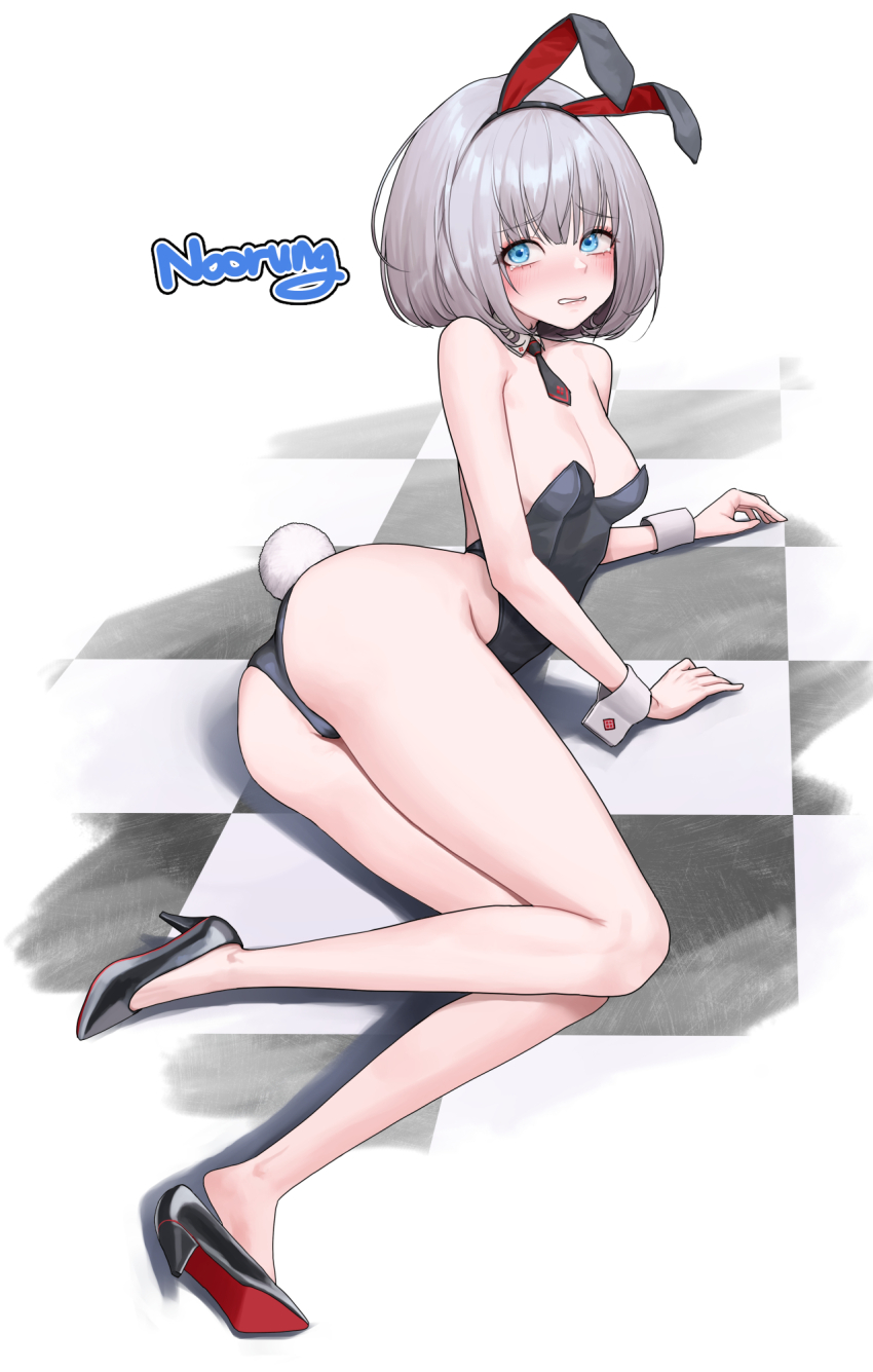 1girl animal_ears ass bare_shoulders black_leotard blush breasts detached_collar fake_animal_ears fake_tail full_body goddess_of_victory:_nikke grey_hair high_heels highleg highleg_leotard highres leotard looking_at_viewer medium_hair noorung playboy_bunny rabbit_ears rabbit_tail simple_background small_breasts solo strapless strapless_leotard tail tearing_up tears vesti_(nikke) white_background wrist_cuffs
