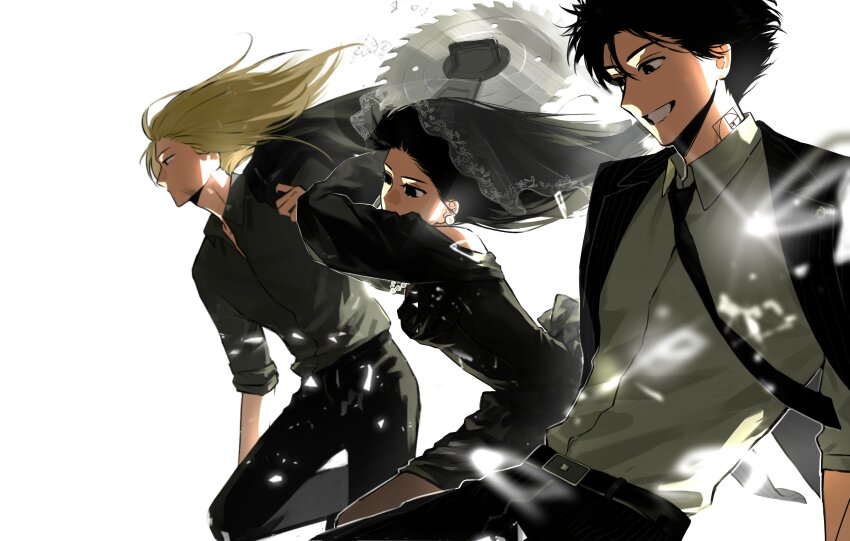 1girl 2boys 5a1_uei absurdres bare_shoulders belt black_belt black_dress black_eyes black_hair black_jacket black_necktie black_pants black_pantyhose blonde_hair circular_saw closed_mouth cowboy_shot dress earrings facial_scar from_side grey_shirt hair_between_eyes highres holding_saw jacket jacket_on_shoulders jewelry light_particles long_hair looking_to_the_side multiple_boys nagumo_(sakamoto_days) neck_tattoo necktie open_mouth osaragi_(sakamoto_days) pants pantyhose sakamoto_days saw scar scar_on_cheek scar_on_face shirt shishiba_(sakamoto_days) short_hair sleeves_rolled_up smile sparkle tattoo teeth