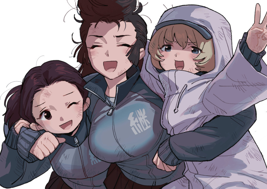 3girls arm_around_back arm_around_neck baseball_cap black_hair blue_eyes blue_hat blue_jacket brown_hair closed_eyes coat commentary dirty drawstring facing_viewer girls_und_panzer grey_hair group_hug hat highres hood hood_up hooded_coat hug jacket katsuoboshi keizoku_military_uniform long_hair long_sleeves looking_at_viewer military_uniform multiple_girls one_eye_closed one_side_up pompadour raglan_sleeves short_hair simple_background tami_(girls_und_panzer) track_jacket v white_background white_coat youko_(girls_und_panzer) yuri_(girls_und_panzer)