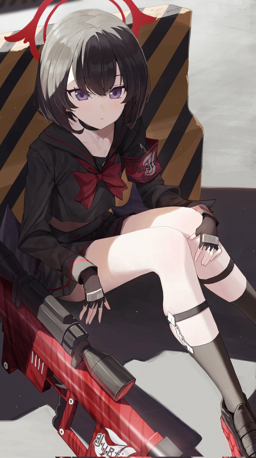 1girl anti-materiel_rifle anzio_ironworks_20mm_rifle armband barricade black_gloves black_hair black_serafuku black_shoes black_skirt black_socks black_wings blue_archive choker feathered_wings fingerless_gloves garter_straps gloves gun halo highres legwear_garter long_sleeves looking_at_viewer low_wings mashiro_(blue_archive) pleated_skirt purple_eyes re_naya red_halo rifle roadblock safety_pin school_uniform serafuku shoes short_hair skirt sniper_rifle socks weapon winged_halo wings