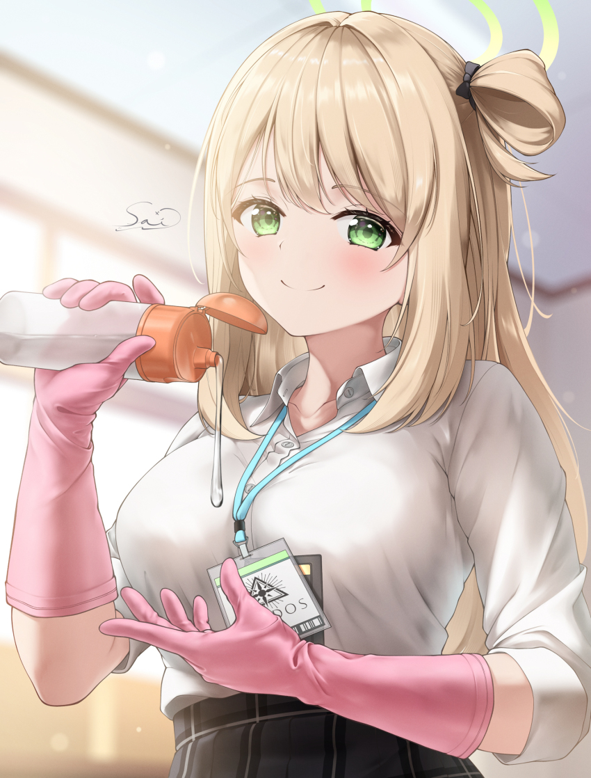 1girl abydos_high_school_logo black_skirt blonde_hair blue_archive blurry blurry_background bottle breasts closed_mouth gloves green_eyes green_halo halo highres holding holding_bottle id_card large_breasts long_sleeves looking_at_viewer lube nonomi_(blue_archive) pink_gloves plaid_clothes plaid_skirt rubber_gloves sexually_suggestive shirt signature skirt sleeves_rolled_up solo tebukuro_maid upper_body white_shirt