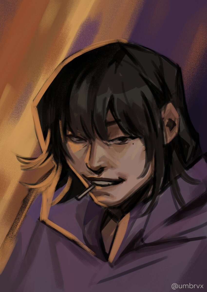 1girl black_eyes black_hair disco_elysium han_sooyoung highres hood hood_down hoodie lollipop_in_mouth looking_at_viewer mole mole_under_eye omniscient_reader&#039;s_viewpoint parody portrait purple_hoodie short_hair sidelighting solo style_parody umbrvx