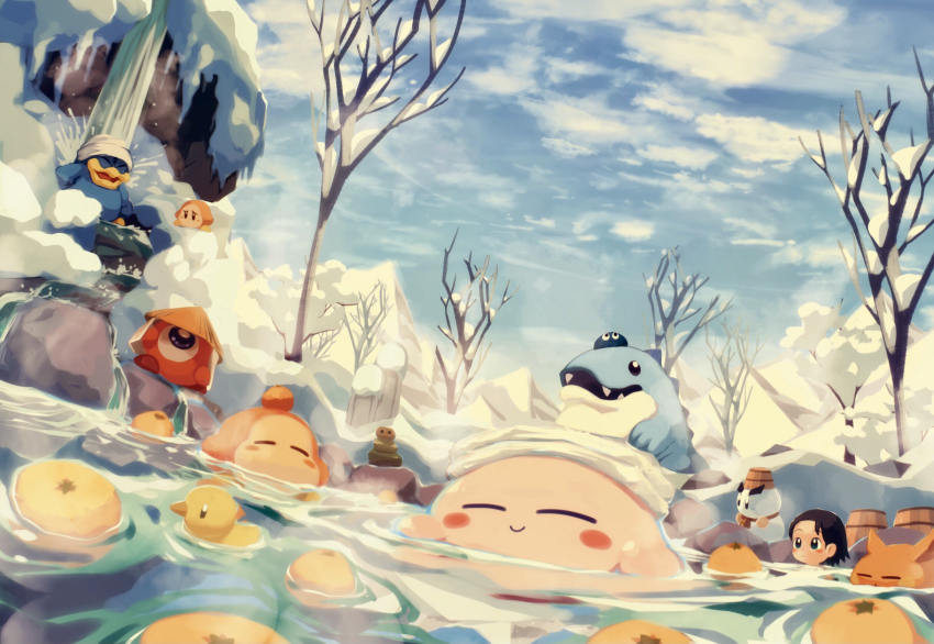 1girl =_= adeleine bathing black_eyes blue_sky blush_stickers boulder chilly_(kirby) closed_eyes cloud gooey_(kirby) highres ice_dragon_(kirby) king_dedede kirby kirby_(series) mountain nintendo on_water onsen outdoors partially_submerged relaxing scarfy sky smile snow steam suyasuyabi towel towel_on_head tree waddle_dee waddle_doo water waterfall