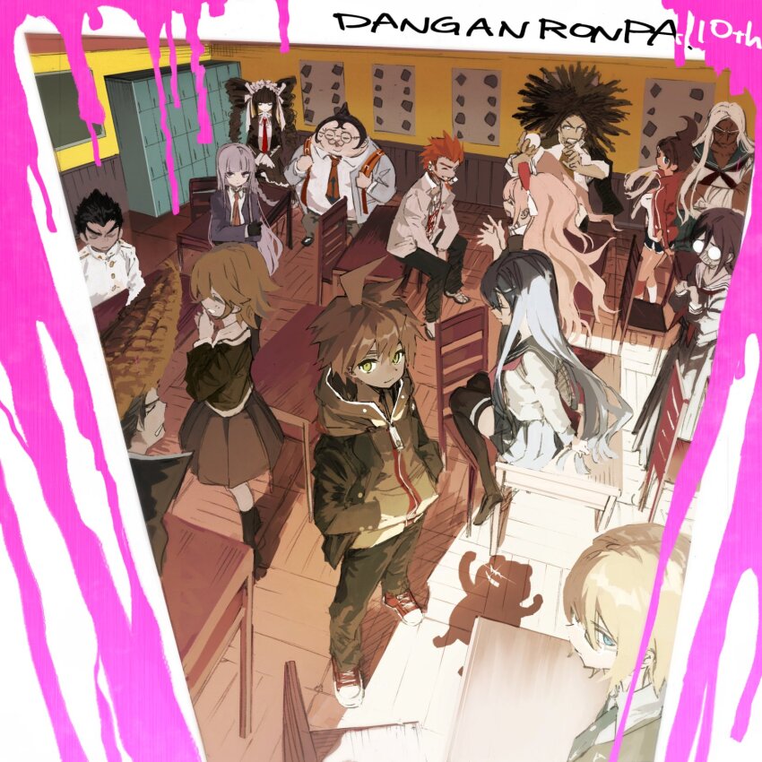 6+boys 6+girls ^_^ ahoge anniversary asahina_aoi backpack bag bare_arms beard big_hair black_coat black_footwear black_gloves black_hair black_jacket black_necktie black_pants black_shorts black_skirt black_socks black_thighhighs blazer blonde_hair blood blood_drip blue_eyes blue_jacket blue_sailor_collar blue_skirt bow bowtie braid breasts brown_footwear brown_hair brown_pants brown_skirt buttons celestia_ludenberg chain chain_necklace chair classroom clenched_teeth closed_eyes closed_mouth coat coat_on_shoulders collared_coat collared_shirt commentary_request copyright_name crossdressing crystal_ball danganronpa:_trigger_happy_havoc danganronpa_(series) dark-skinned_female dark_skin denim desk dreadlocks drill_hair enoshima_junko everyone expressionless facial_hair fat fat_man flame_print frilled_hairband frilled_skirt frills frown fujisaki_chihiro fukawa_toko full_body glasses gloves goatee gothic_lolita green_eyes green_jacket grin hagakure_yasuhiro hair_between_eyes hair_bow hair_ornament hairband hairclip hands_in_pockets hands_on_lap happy high_collar high_ponytail highres holding holding_bag holding_orb holding_own_arm hood hood_down hooded_jacket indoors ishimaru_kiyotaka jacket jeans jewelry kirigiri_kyoko kneehighs kuwata_leon locker lolita_fashion lolita_hairband long_hair long_skirt looking_at_viewer maizono_sayaka miniskirt monokuma multicolored_hair multiple_boys multiple_girls muscular muscular_female naegi_makoto neck_ribbon necklace necktie ogami_sakura on_chair opaque_glasses open_clothes open_coat open_jacket orange_bag orange_necktie outstretched_hand owada_mondo own_hands_together pale_skin pants pink_blood pink_bow pink_bowtie pleated_skirt pompadour ponytail purple_eyes purple_hair purple_jacket purple_serafuku purple_shirt purple_skirt red_bow red_footwear red_hair red_jacket red_necktie ribbon round_eyewear sailor_collar sasami_(ki) school_chair school_desk school_uniform serafuku shadow shirt shoes short_hair short_shorts shorts single_braid sitting skirt skirt_set sleeveless sleeveless_shirt smile sneakers socks spiked_hair standing straight_hair talking teeth thick_eyebrows thighhighs tied_beard togami_byakuya track_jacket trap twin_drills twintails two-tone_bow two-tone_hair updo v-shaped_eyebrows very_long_hair white-framed_eyewear white_bow white_footwear white_hair white_hairband white_jacket white_ribbon white_sailor_collar white_shirt window wooden_floor yamada_hifumi zipper zipper_pull_tab