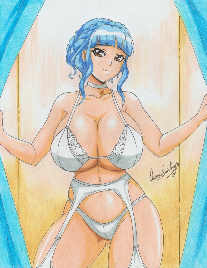1girl absurdres blue_hair bra braid breasts brown_eyes cleavage commission curtain_grab curtains fire_emblem fire_emblem:_three_houses garter_belt gluteal_fold highres huge_breasts lingerie looking_at_viewer marianne_von_edmund nintendo panties ravernclouk_design retro_artstyle short_hair sidelocks smile solo thick_thighs thighhighs thighs traditional_media underboob underwear white_bra white_panties