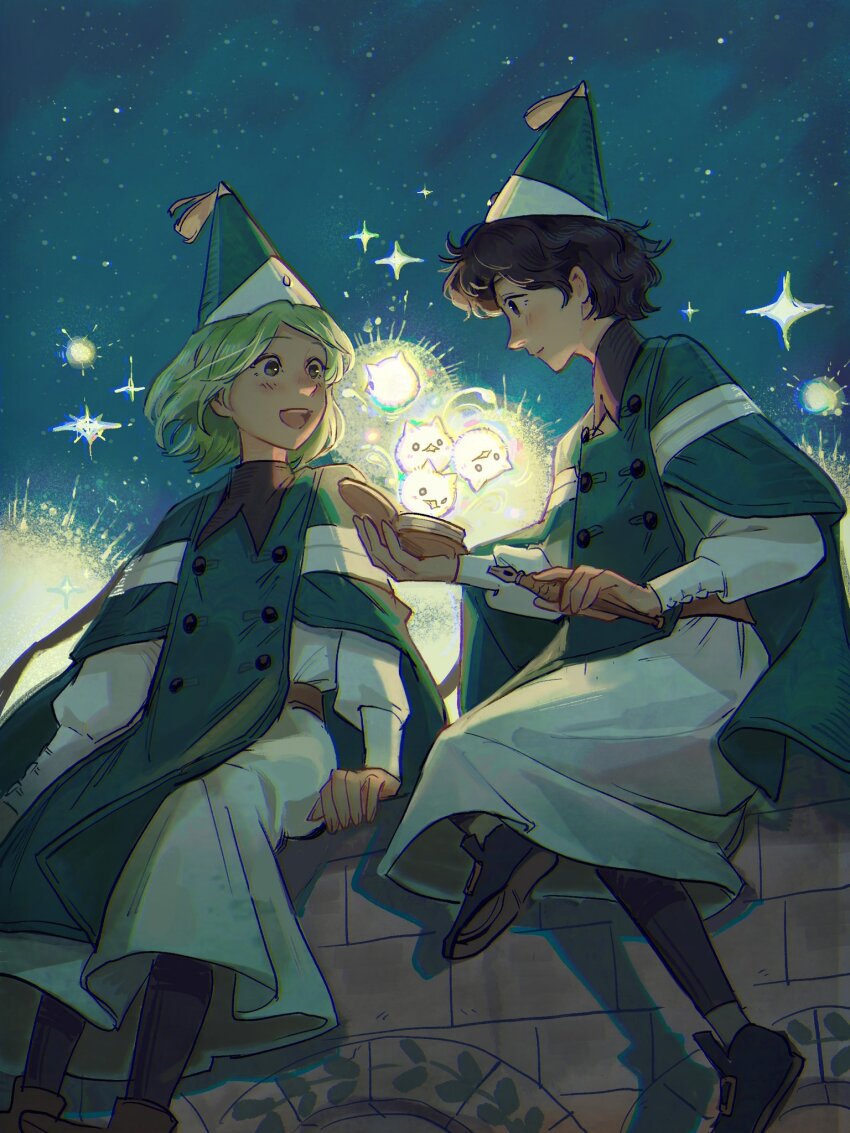 2girls agott_(tongari_boushi_no_atelier) black_hair blonde_hair coco_(tongari_boushi_no_atelier) creature dress glowing hat highres holding jenishiiarts magic multiple_girls night night_sky pen pointy_hat shoes short_hair sitting sky star_(sky) tongari_boushi_no_atelier