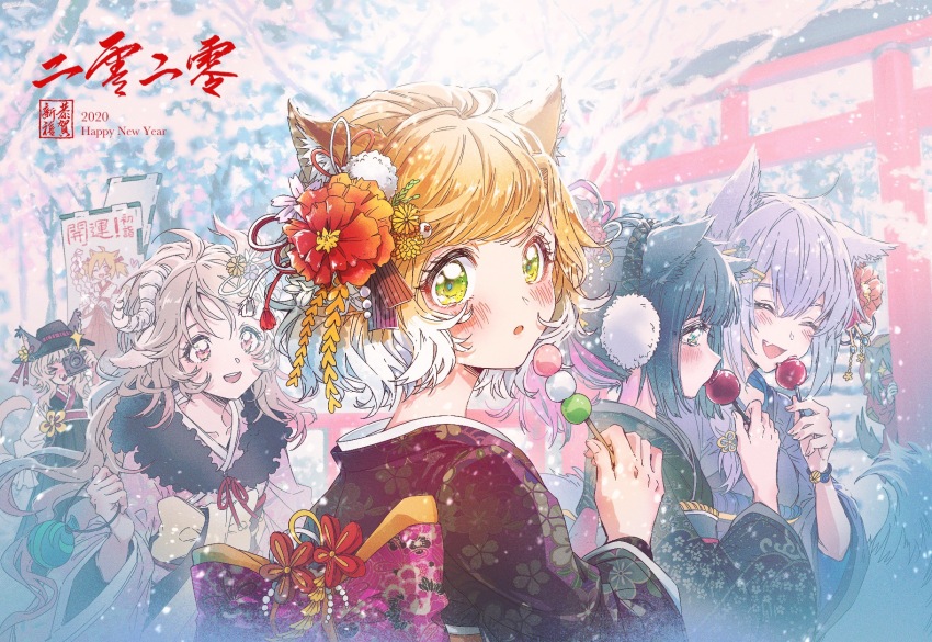 &gt;_&lt; +_+ 2020 6+girls :d animal_ear_fluff animal_ears arknights black_hair black_headwear black_kimono blonde_hair blush camera candy_apple cat_ears cat_tail chinese_commentary closed_eyes commentary_request dango earmuffs ears_through_headwear eyjafjalla_(arknights) fang flower food goat_ears goat_horns gohei gradient_hair green_eyes grey_hair hair_flower hair_ornament happy_new_year hat haze_(arknights) highres holding holding_camera holding_food holding_gohei hood hood_up horns jacket japanese_clothes jessica_(arknights) kimono long_hair long_sleeves miko mousse_(arknights) multicolored_hair multiple_girls new_year obi open_mouth pink_kimono projekt_red_(arknights) provence_(arknights) purple_hair purple_kimono red_eyes red_jacket sanshoku_dango sash shantianajiang smile sora_(arknights) sparkle tail teeth torii upper_teeth_only wagashi white_hair wide_sleeves wolf_ears wolf_tail