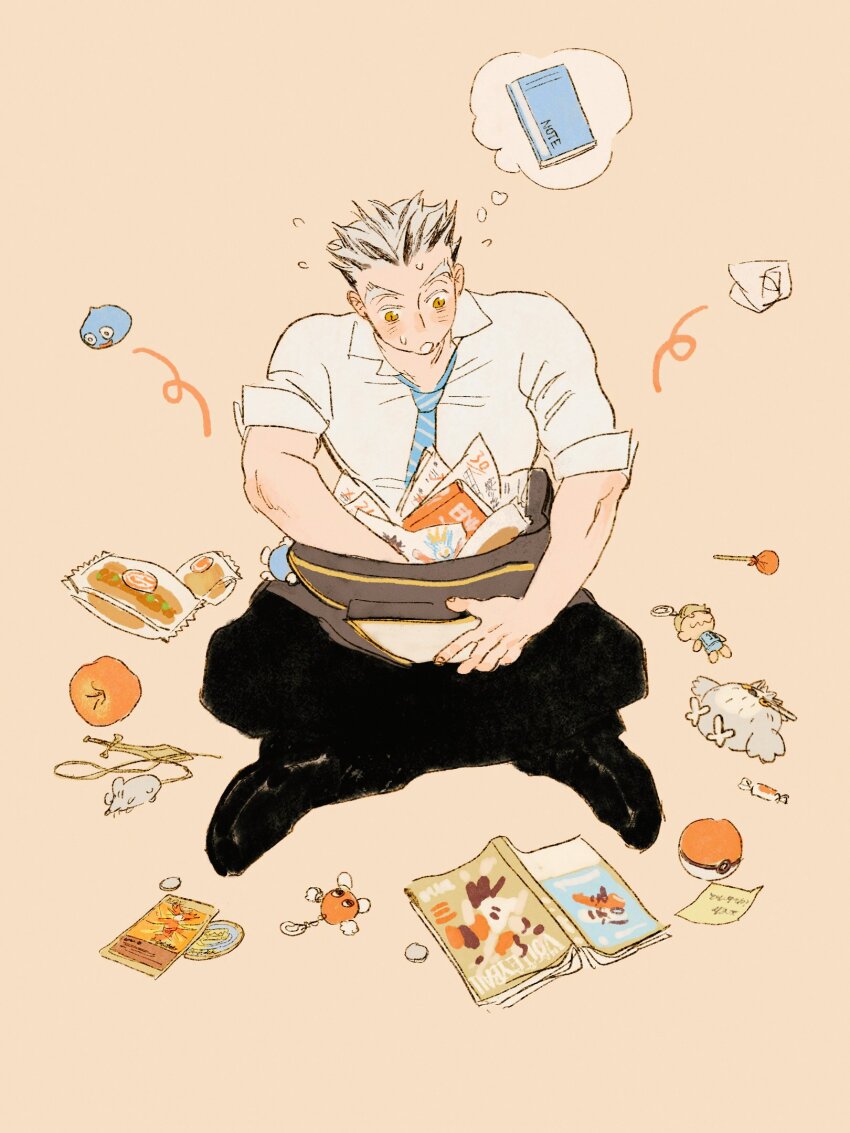 1boy bag black_footwear black_hair black_pants blue_necktie bokuto_koutarou charm_(object) chengongzi123 chinese_commentary collared_shirt commentary_request food fruit full_body grey_hair haikyuu!! highres holding holding_bag indian_style looking_at_object magazine_(object) male_focus multicolored_hair necktie open_mouth orange_background pants poke_ball pokemon_card pokemon_tcg school_uniform searching shirt short_hair short_sleeves simple_background sitting slime_(dragon_quest) speech_bubble sticky_note streaked_hair striped_necktie stuffed_animal stuffed_bird stuffed_owl stuffed_toy thick_eyebrows thought_bubble very_short_hair white_shirt yellow_eyes