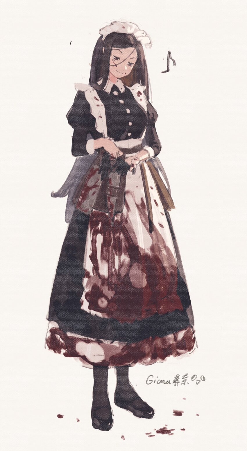 1girl apron black_boots black_eyes black_hair blood blood_on_clothes blood_on_face blood_on_ground bloody_clothes bloody_dress boots butcher_vanity_(synthesizer_v) buttons closed_mouth dress frilled_apron frills gionaqiaonai gloves hair_between_eyes highres holding holding_gloves holding_unworn_clothes light_smile long_hair looking_at_viewer maid maid_apron maid_headdress signature simple_background solo synthesizer_v unworn_gloves vimalion_pro white_apron white_background yi_xi_(synthesizer_v)