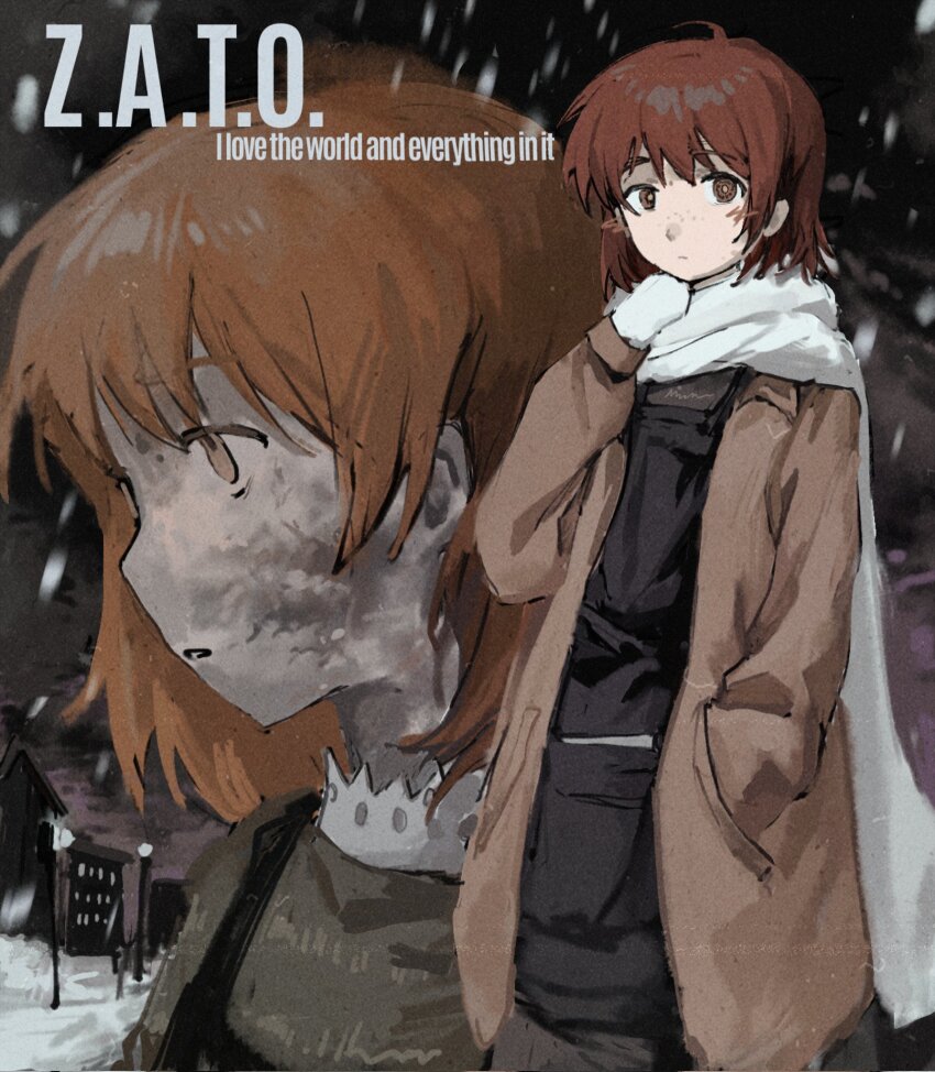 1girl asya_shubina brown_coat brown_eyes brown_hair ccccorrosive closed_mouth cloud cloudy_sky coat commentary_request copyright_name dress gloves hand_in_pocket highres looking_afar looking_at_viewer multiple_views parted_lips scarf short_hair sky snow snowing standing white_gloves white_scarf z.a.t.o._//_i_love_the_world_and_everything_in_it