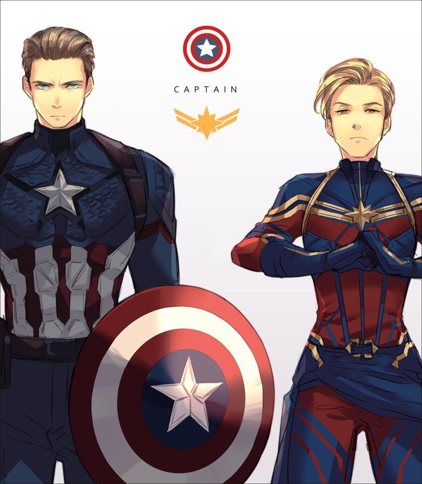 1boy 1girl ambulance00 animification avengers:_endgame avengers_(series) belt black_belt blonde_hair blue_bodysuit blue_eyes bodysuit brown_eyes brown_hair captain_america captain_marvel carol_danvers closed_mouth commentary cowboy_shot english_commentary fist_in_hand hands_up highres holding holding_shield looking_at_viewer marvel marvel_cinematic_universe red_bodysuit shield short_hair simple_background standing star_(symbol) steve_rogers superhero_costume two-tone_bodysuit vertical-striped_bodysuit white_background