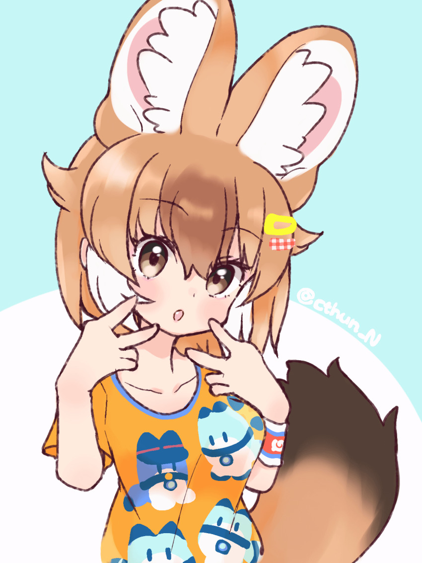 1girl animal_ears blue_background brown_eyes brown_hair cthun_n dhole_(kemono_friends) extra_ears hair_ornament highres kemono_friends kemono_friends_3 looking_at_viewer lucky_beast_(kemono_friends) multicolored_hair shirt short_hair simple_background solo t-shirt two-tone_hair upper_body white_hair wolf_ears wolf_girl wristband