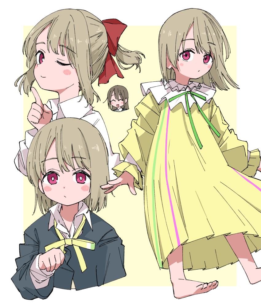 ;) alternate_hairstyle barefoot blush bob_cut border borrowed_hairstyle bow brown_hair collared_shirt commentary_request dress green_ribbon hair_bow haruruhaharur highres index_finger_raised jacket long_sleeves looking_at_viewer love_live! love_live!_nijigasaki_high_school_idol_club multiple_views mutekikyuu_believer nakasu_kasumi neck_ribbon nijigasaki_school_uniform one_eye_closed osaka_shizuku outside_border oversized_clothes pink_eyes pleated_dress ponytail red_bow ribbon school_uniform shirt short_hair short_ponytail smile white_border white_shirt winter_uniform yellow_background yellow_dress