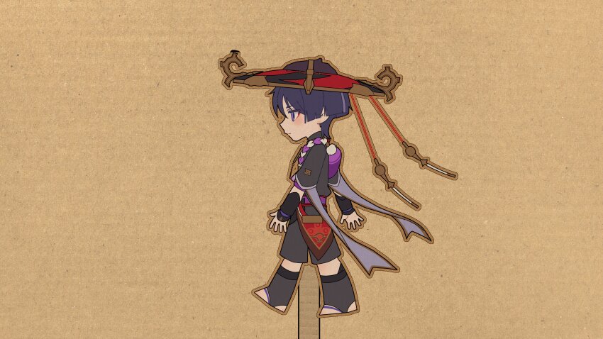 1boy absurdres armor arms_at_sides black_hat black_kimono black_mask black_shorts black_sleeves blunt_ends brown_outline cardboard cardboard_cutout closed_mouth expressionless eyeliner eyeshadow fatui_logo from_side furisode genshin_impact gold gold_trim grey_leggings grey_trim hat highres japanese_armor japanese_clothes jewelry jingasa kimono kote kurokote layered_sleeves leggings looking_to_the_side makeup male_focus mask_on_hat miaoyeza233 mid-stride multicolored_hair neck_ring open_hand outline pom_pom_(clothes) profile purple_bag purple_eyes purple_hair purple_rope purple_sash purple_sleeves red_eyeliner red_eyeshadow red_hat red_sash rope sash scaramouche_(genshin_impact) shimenawa short_sleeves shorts solo stirrup_legwear streaked_hair toeless_legwear two-tone_hat walking white_rope