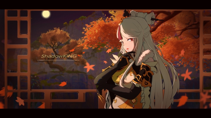 1girl artist_name autumn autumn_leaves black_bodysuit bodysuit chinese_commentary cliff commentary_request genshin_impact hair_ornament hairpin leaf long_hair long_sleeves looking_at_viewer mountain night night_sky ningguang_(genshin_impact) outdoors shadowking sky white_hair