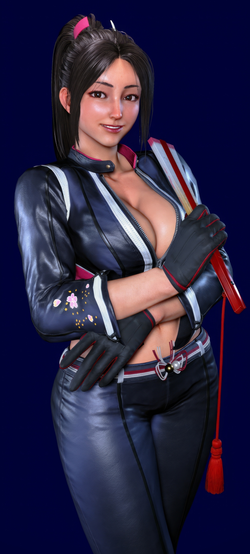 1girl 3d absurdres black_gloves black_jacket black_pants breasts brown_eyes brown_hair cleavage fatal_fury fatal_fury:_city_of_the_wolves female_focus game_screenshot gloves highres jacket large_breasts leather leather_jacket lipstick long_hair looking_at_viewer makeup official_alternate_costume pants ponytail shiranui_mai simple_background solo street_fighter street_fighter_6 tagme