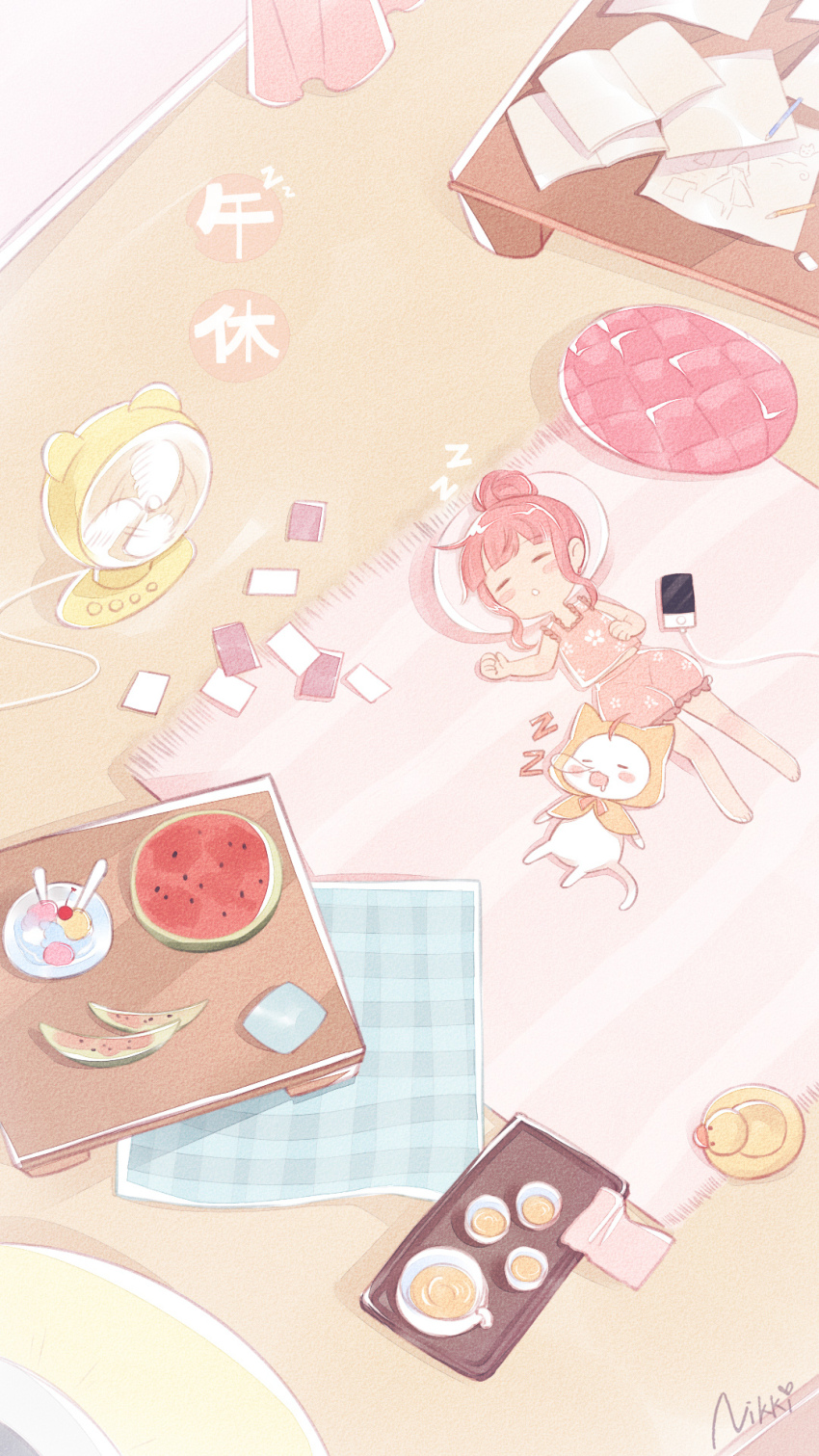 1girl animal artist_request bare_arms bare_legs bare_shoulders barefoot blanket bloomers blunt_bangs blush_stickers cable capelet card cat cellphone chibi chinese_commentary chinese_text closed_eyes clothed_animal commentary_request copyright_name curtains desk dot_nose ear_covers electric_fan floral_print food frilled_tank_top from_above fruit hair_bun hand_on_own_chest highres hood hood_up hooded_capelet ice_pack lying momo_(nikki) neck_ribbon nikki_(nikki) nikki_(series) nose_bubble official_art on_back on_ground open_mouth orange_ribbon phone pillow pink_bloomers pink_hair pink_tank_top playing_card ribbon rubber_duck rug second-party_source shadow shining_nikki short_hair single_hair_bun sleeping smartphone spoon square_neckline tank_top translation_request tray underwear updo watermelon white_cat yellow_capelet zzz