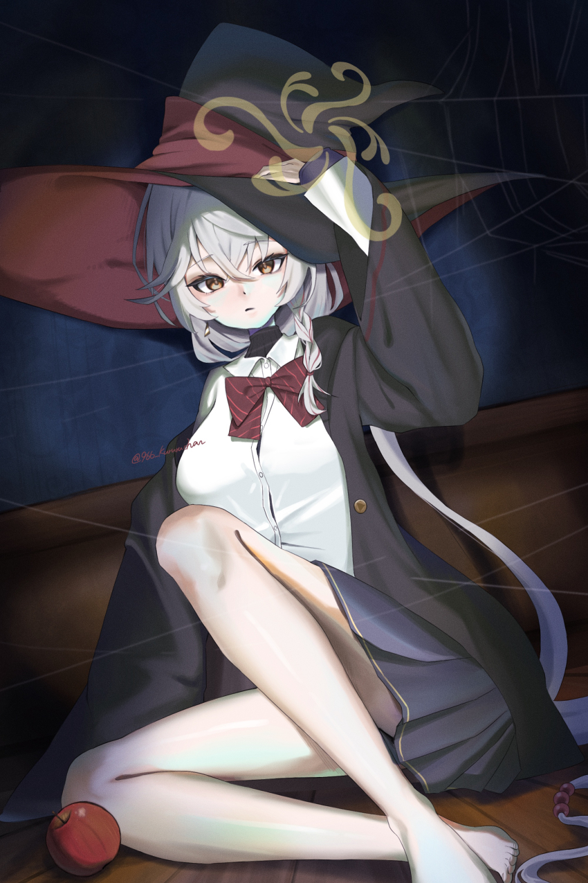 1girl 966_kururu_966 absurdres apple arm_up barefoot black_hat black_jacket black_skirt blue_archive bow bowtie braid brown_eyes collared_shirt commentary dark diagonal-striped_bow diagonal-striped_bowtie diagonal-striped_clothes earrings eri_(blue_archive) eyelashes film_grain food fruit full_body grey_hair hair_between_eyes hair_bobbles hair_ornament halo hand_on_headwear hat highres indoors jacket jewelry long_hair looking_at_viewer low_ponytail on_floor open_clothes open_jacket parted_lips pleated_skirt ponytail red_bow red_bowtie school_uniform shirt silk single_braid single_earring sitting skirt solo spider_web striped_bow striped_bowtie striped_clothes tsurime twitter_username very_long_hair white_shirt witch_hat wooden_floor yellow_halo yokozuwari