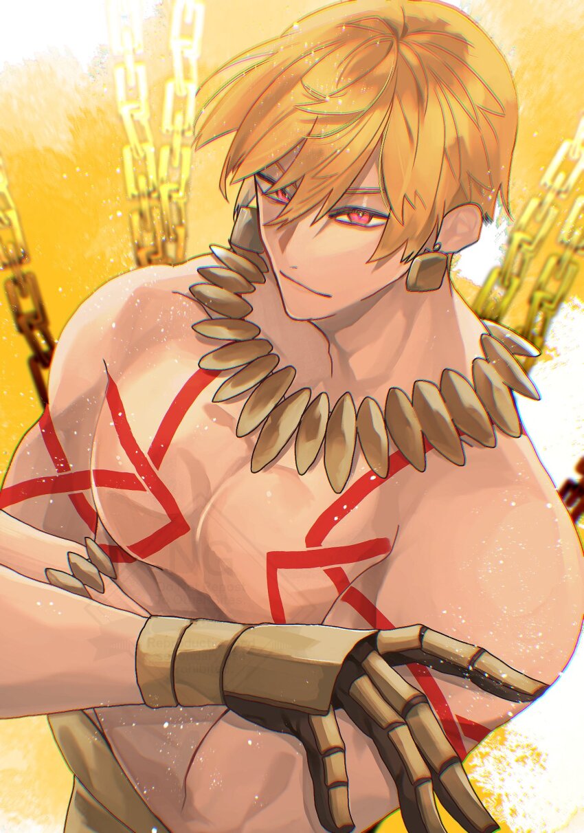 1boy bad_anatomy bad_neck bare_shoulders blonde_hair body_markings bracelet chain commentary_request crossed_arms earrings fate/grand_order fate_(series) from_above gauntlets gilgamesh_(fate) gold_bracelet gold_chain gold_earrings gold_necklace highres jewelry looking_at_viewer male_focus moryo_1 necklace pectorals red_eyes single_gauntlet smirk solo toned toned_male