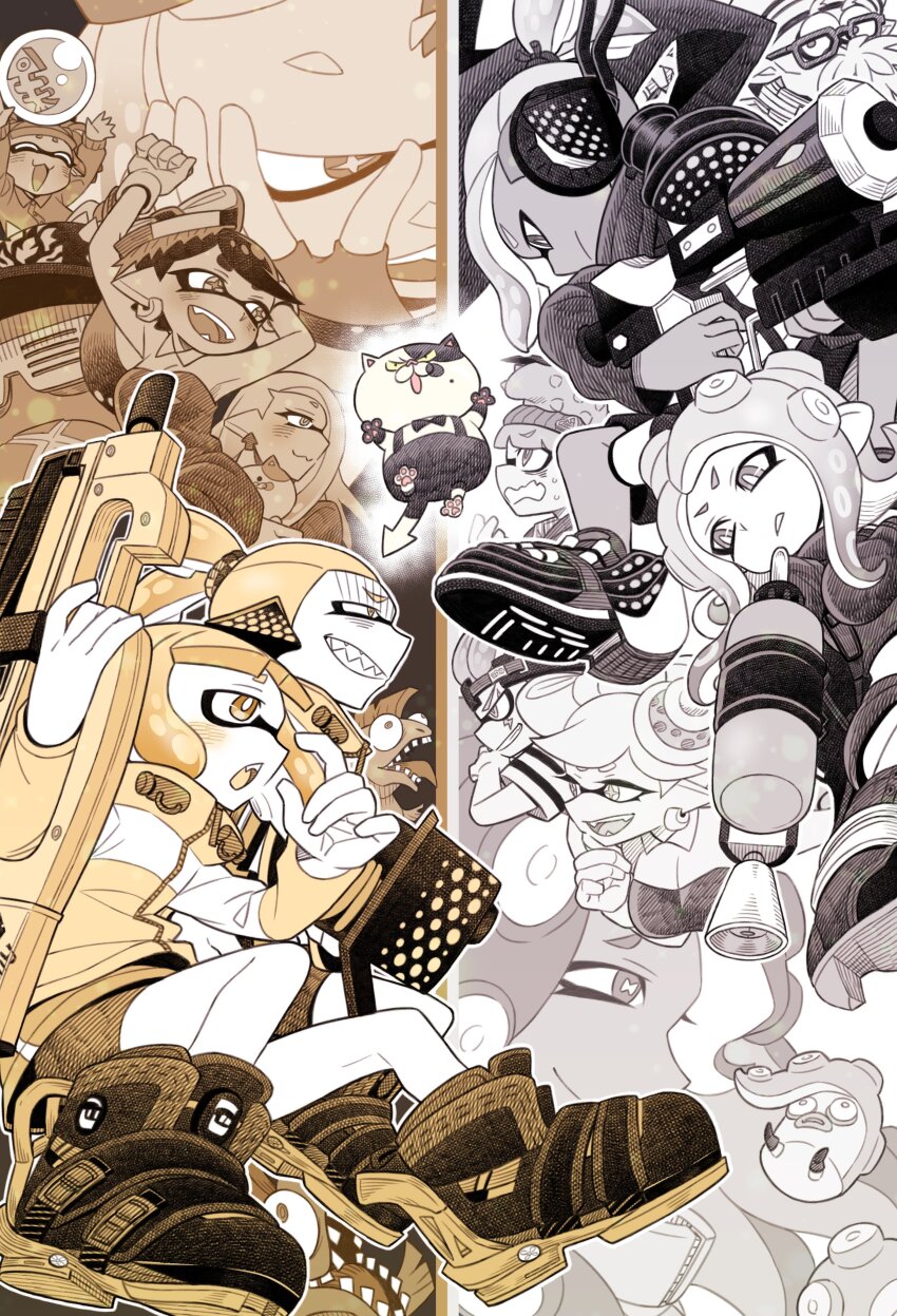 6+boys 6+girls absurdres agent_3_(splatoon) agent_4_(splatoon) agent_8_(splatoon) callie_(splatoon) callie_(squid_sisters_outfit)_(splatoon) cap&#039;n_cuttlefish dark_skin dj_octavio golden_egg_(splatoon) hero_blaster_(splatoon) hero_shot_(splatoon_1) hero_shot_(splatoon_2) highres holding holding_weapon inkling inkling_boy inkling_girl inkling_player_character judd_(splatoon) li&#039;l_judd_(splatoon) looking_at_another marie_(splatoon) marie_(squid_sisters_outfit)_(splatoon) marina_(splatoon) multiple_boys multiple_girls nintendo octarian_(enemy) octo_shot_(splatoon) octoling octoling_girl octoling_player_character octotrooper official_alternate_costume pearl_(splatoon) salmon_run_(splatoon) salmonid splatoon_(series) splatoon_2 squidbeak_splatoon weapon yoshizawa_miyabi