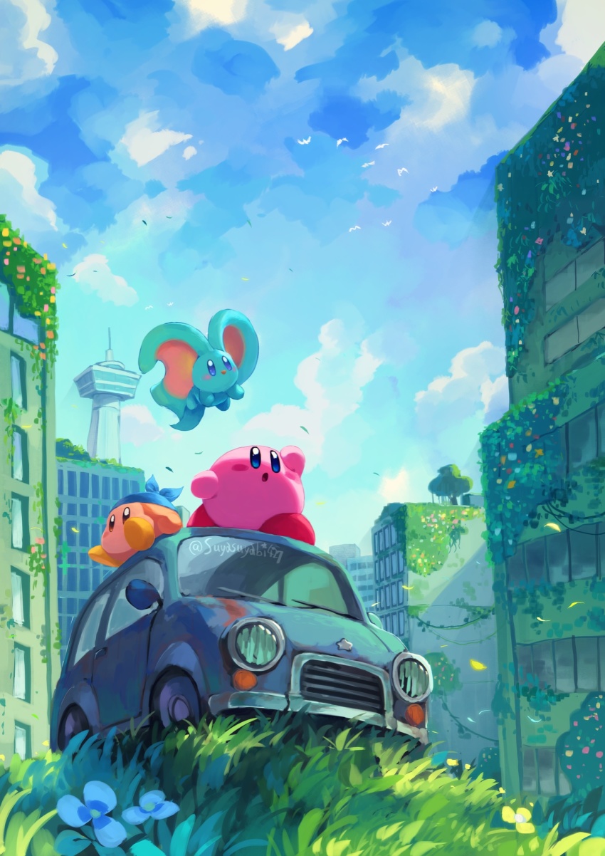 animal_ears aqua_car bandana bandana_waddle_dee bird blush_stickers building car cloud colored_skin day elfilin flower grass highres kirby kirby_(series) kirby_and_the_forgotten_land motor_vehicle mouse_ears nintendo no_humans on_car pink_skin plant sitting sky solid_oval_eyes suyasuyabi tree twitter_username vines yellow_flower