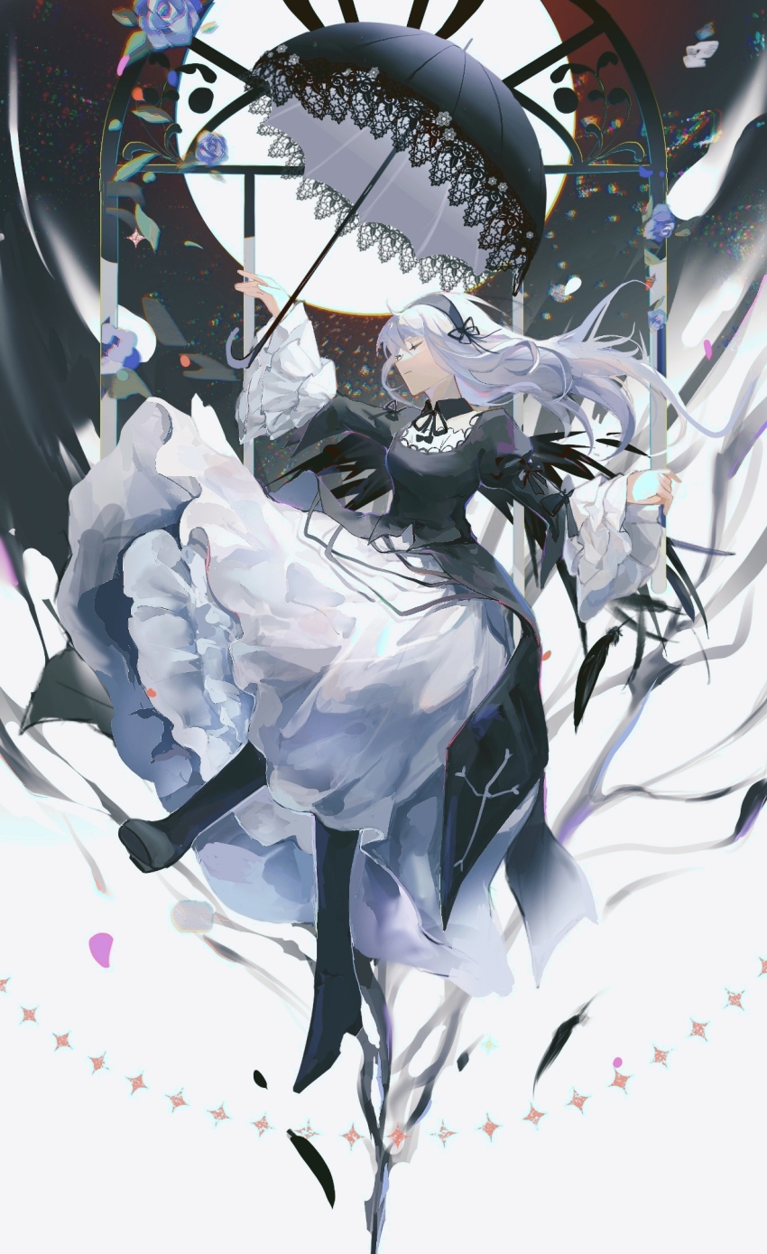 1girl arch black_boots black_dress black_hairband black_umbrella black_wings boots bow closed_eyes detached_collar dress dress_bow expressionless floating floating_hair frilled_skirt frilled_sleeves frills from_side full_body grey_hair hairband highres juliet_sleeves lace-trimmed_umbrella lace_trim layered_sleeves long_hair long_sleeves neck_ribbon puffy_sleeves ribbon rozen_maiden skirt solo star_(symbol) suigintou thigh_boots umbrella white_skirt wings wuzhiyou