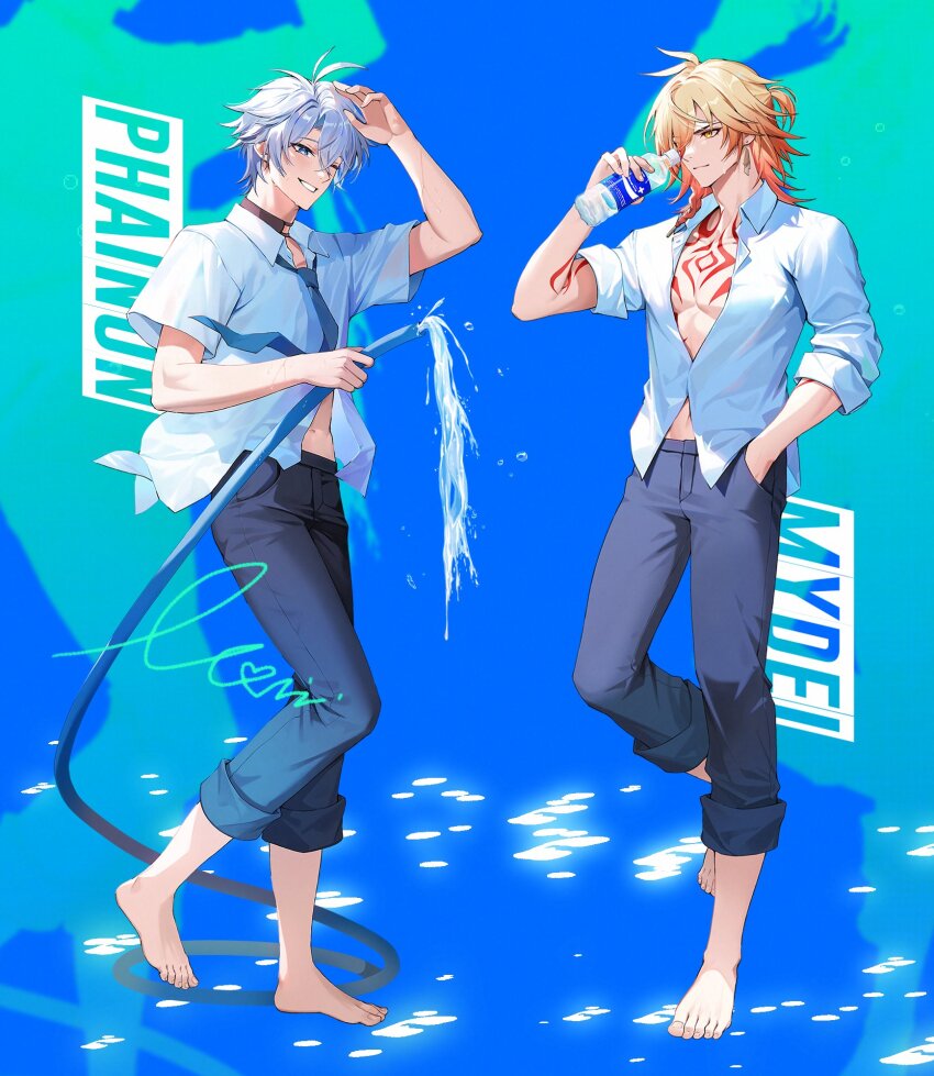 2boys antenna_hair arm_tattoo barefoot black_choker black_pants blonde_hair blue_eyes blue_necktie bottle braid chest_tattoo choker collared_shirt earrings facial_tattoo full_body gold_earrings gradient_hair hair_between_eyes hand_in_pocket highres holding holding_bottle holding_hose honkai:_star_rail honkai_(series) hose jewelry male_focus medium_hair monini multicolored_hair multiple_boys mydei_(honkai:_star_rail) necktie one_eye_closed pants pants_rolled_up parted_bangs pectoral_cleavage pectorals phainon_(honkai:_star_rail) ponytail red_hair red_tattoo shirt short_hair side_braid signature sleeves_rolled_up tattoo white_hair white_shirt yellow_eyes