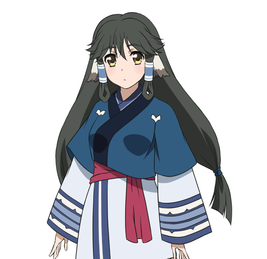 1girl absurdres aged_up ainu_clothes animal_ears aquaplus aruruu black_hair blush breasts closed_mouth cowboy_shot dress hair_between_eyes highres layered_sleeves long_hair long_sleeves looking_at_viewer medium_breasts nakata_masahiko official_art raised_eyebrows sidelocks solo transparent_background twintails utawarerumono utawarerumono:_futari_no_hakuoro utawarerumono:_itsuwari_no_kamen very_long_hair white_fox_(company) wide_sleeves yellow_eyes