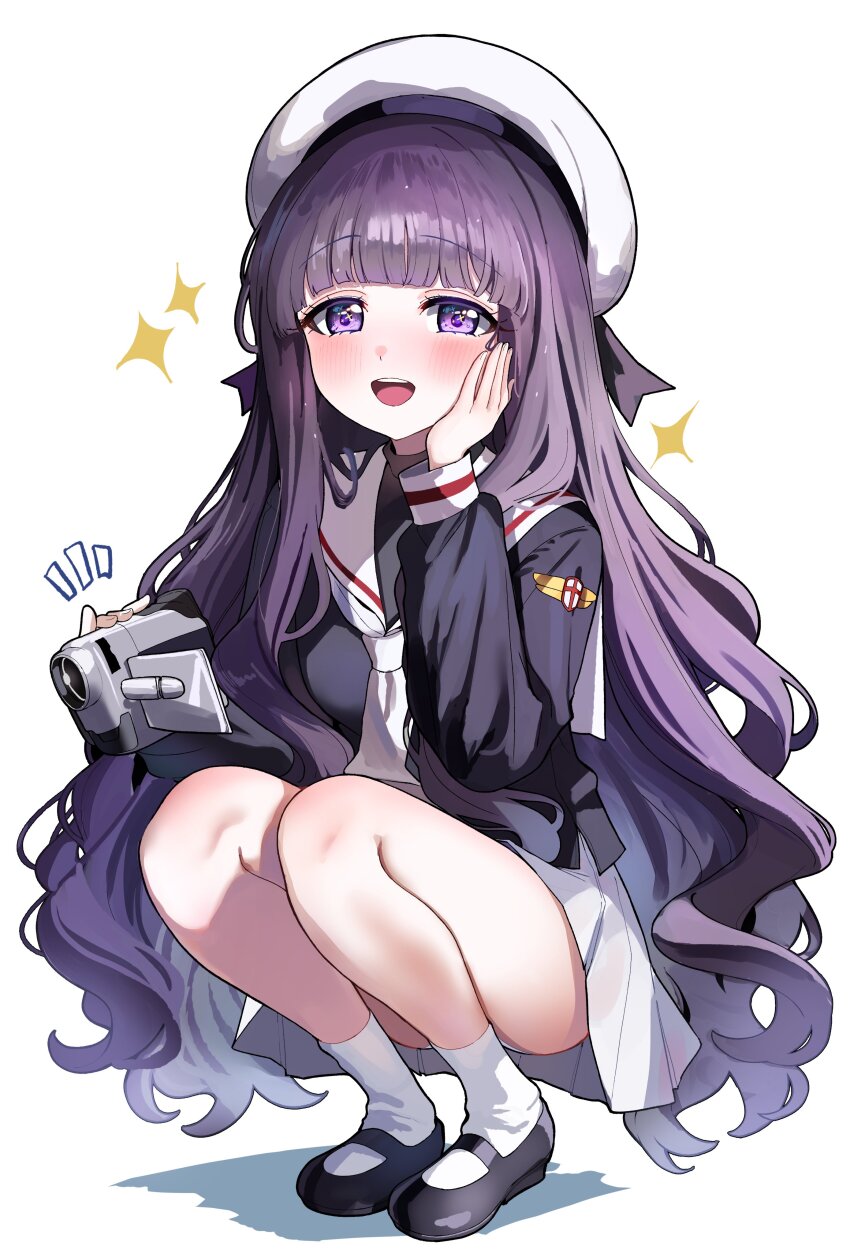 1girl absurdres beret black_shirt black_shoes blunt_bangs blush camcorder camera cardcaptor_sakura commentary daidouji_tomoyo full_body hat highres holding holding_camera long_hair long_sleeves looking_at_viewer miniskirt neckerchief open_mouth panties purple_eyes purple_hair sailor_collar sak_(lemondisk) school_uniform shirt shoes simple_background skirt smile socks solo squatting teeth tomoeda_elementary_school_uniform underwear upper_teeth_only video_camera white_background white_hat white_neckerchief white_panties white_sailor_collar white_skirt white_socks