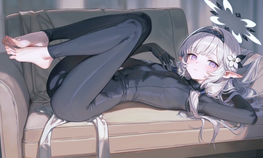 1girl barefoot blue_archive bodysuit breasts couch ellell915 flower full_body grey_hair hair_flower hair_ornament halo headband highres himari_(blue_archive) legs_up long_hair looking_at_viewer lying on_back on_couch pink_eyes pointy_ears skin_tight small_breasts solo very_long_hair