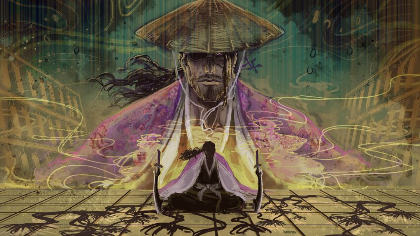 1boy absurdres bankai black_hair black_kimono bleach bleach:_sennen_kessen-hen closed_mouth commentary eyepatch facial_hair floating_hair floral_print floral_print_kimono hair_between_eyes haori highres indian_style japanese_clothes katen_kyoukotsu:_karamatsu_shinjuu kimono kimono_on_shoulders kyouraku_shunsui lips looking_at_viewer low_ponytail male_focus mature_male multiple_views nitrovu nose one_eye_covered open_clothes open_kimono pink_kimono ponytail print_kimono purple_eyes shaded_face shadow sitting stubble sword taichou_haori tile_floor tiles twitter_username upper_body weapon white_kimono wide_shot