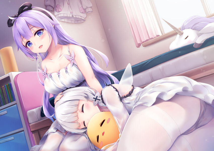 2girls :d animal ass azur_lane baby_animal bare_arms bare_shoulders bed bird black_hairband blue_eyes blush breasts chick cleavage closed_eyes commentary_request curtains day dress grey_hair hairband hinoka_(allen) indoors jacket lap_pillow little_illustrious_(azur_lane) long_hair long_sleeves manjuu_(azur_lane) medium_breasts multiple_girls nail_polish open_mouth panties panties_under_pantyhose pantyhose pink_nails purple_hair see-through_clothes see-through_sleeves sleeveless sleeveless_dress smile stuffed_unicorn sunlight thighband_pantyhose thighhighs underwear unicorn_(azur_lane) unworn_jacket very_long_hair white_dress white_jacket white_pantyhose white_thighhighs window