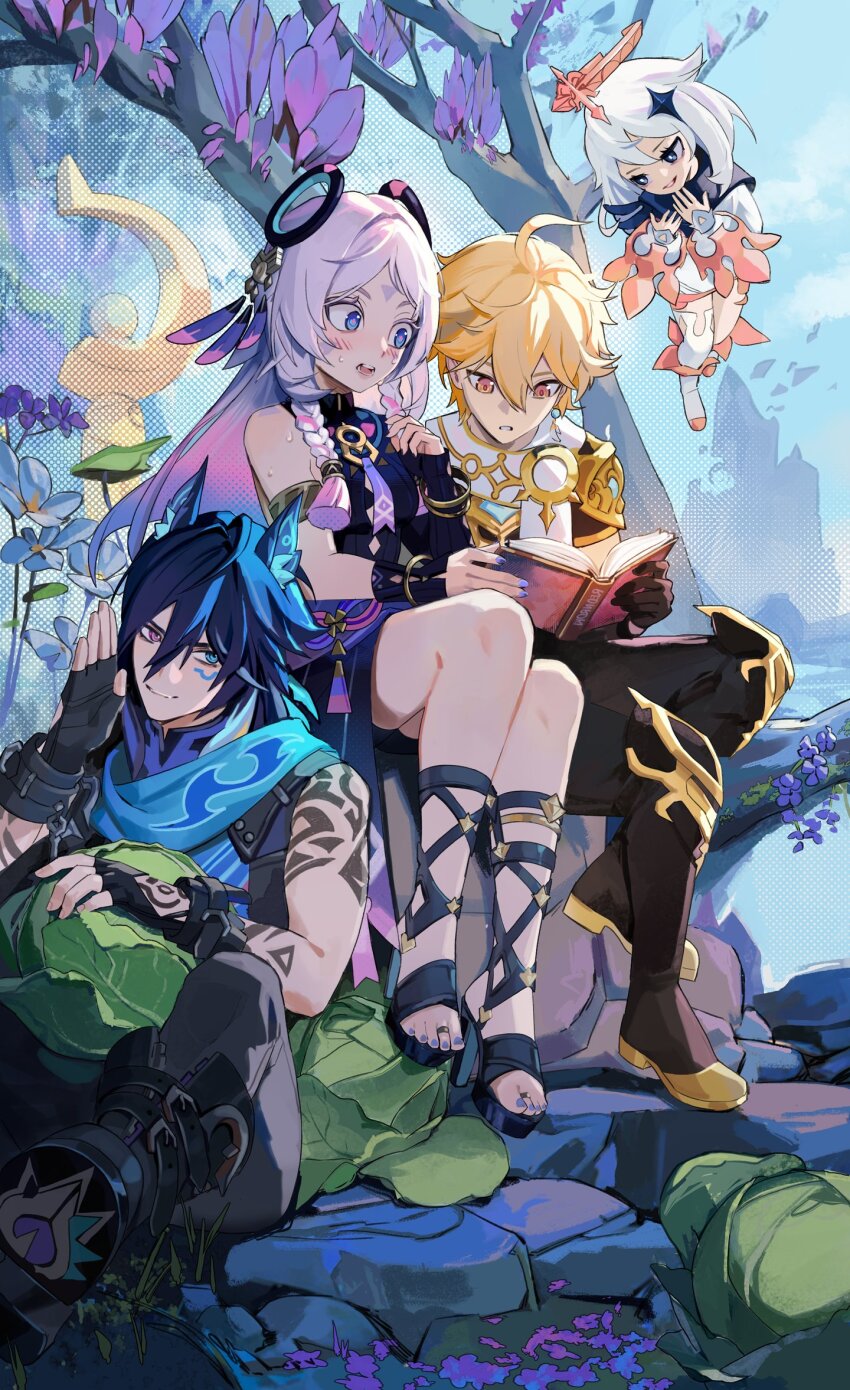 2boys 2girls aether_(genshin_impact) ahoge animal_ears arm_tattoo armlet bat_ears blonde_hair blue_eyes blue_hair blush book boots braid cabbage citlali_(genshin_impact) commentary dark_blue_hair day english_commentary facial_mark fingerless_gloves fingernails floating food forehead_mark genshin_impact gloves grandmother_and_grandson hair_between_eyes hair_ornament halo heterochromia high_heels highres holding holding_book jewelry leotard long_hair looking_at_another looking_at_object making-of_available multicolored_hair multiple_boys multiple_girls nervous open_book orange_eyes ororon_(genshin_impact) outdoors paimon_(genshin_impact) pink_eyes pink_hair purple_hair purple_nails reading ring ring_hair_ornament roki_(rednroki) romper scarf shoes side-by-side side_braids sitting leotard sweat tattoo toe_ring toeless_footwear toenails toes triangle triangle_facial_mark twin_braids two-tone_hair vegetable very_long_hair white_hair wide-eyed