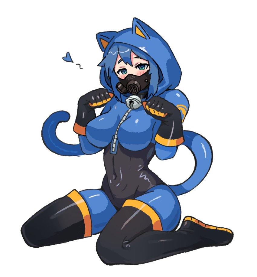 1girl animal_ears bell black_boots black_gloves blu_pyro_(tf2) blue_bodysuit blue_eyes blue_hair blush bodysuit boots breasts cat_ears cat_tail commentary commission covered_navel english_commentary fake_animal_ears fake_tail full_body gas_mask genderswap genderswap_(otf) gloves heart highres large_breasts latex latex_bodysuit looking_at_viewer mask neck_bell pyro_(tf2) respirator short_hair simple_background sitting solo tail team_fortress_2 thigh_boots wariza wersman white_background zipper