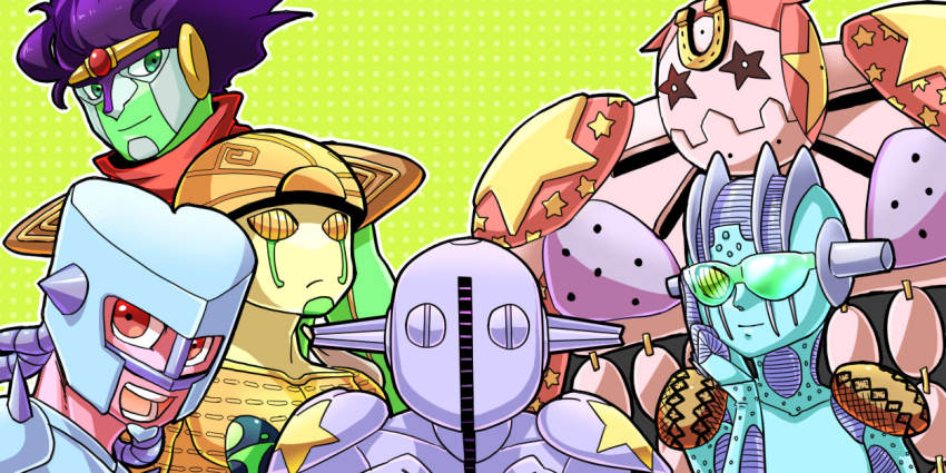 1girl 5boys crazy_diamond gold_experience jojo_no_kimyou_na_bouken jojolion kamiura multiple_boys soft_&amp;_wet stand_(jojo) star_platinum steel_ball_run stone_free tusk_(stand) tusk_act4