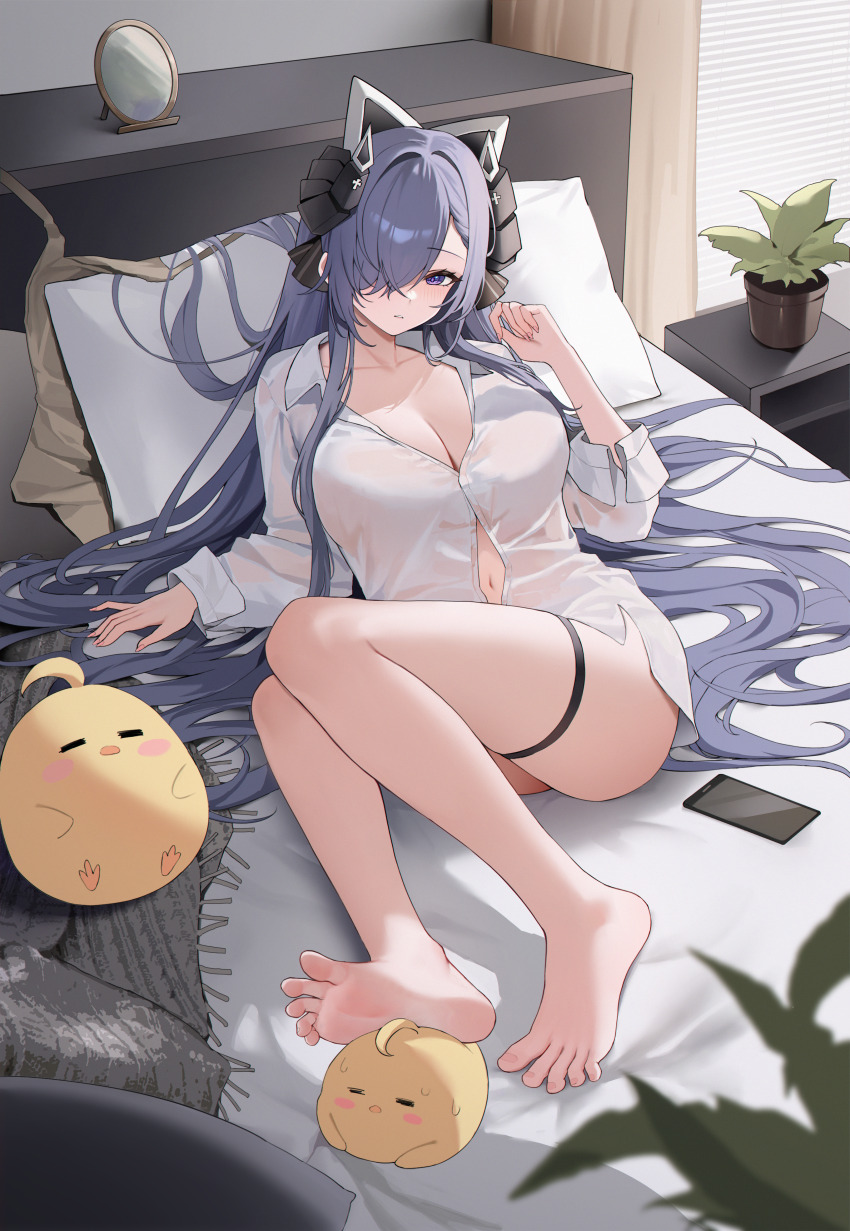 1girl absurdres ar-gand august_von_parseval_(azur_lane) azur_lane barefoot blush breasts cellphone cleavage dress_shirt feet grey_hair hair_over_one_eye highres long_hair looking_at_viewer on_bed open_clothes open_shirt parted_lips phone purple_eyes shirt smartphone soles toes