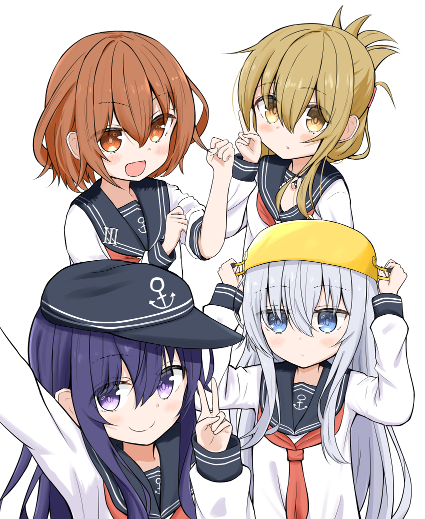 4girls :d :o absurdres akatsuki_(kancolle) alternate_hair_color anchor_symbol arm_up arms_up blonde_hair blue_eyes blue_hair blue_hat blue_sailor_collar blush brown_eyes brown_hair clenched_hand commentary_request flat_cap folded_ponytail hair_between_eyes hat hibiki_(kancolle) highres ikazuchi_(kancolle) inazuma_(kancolle) kantai_collection light_blue_hair long_hair long_sleeves medium_hair multiple_girls neckerchief open_mouth pin pot_on_head pout purple_eyes purple_hair red_neckerchief sailor_collar selfie shirasu_(sirasuillust) shirt sidelocks simple_background smile upper_body v white_background white_shirt yellow_eyes