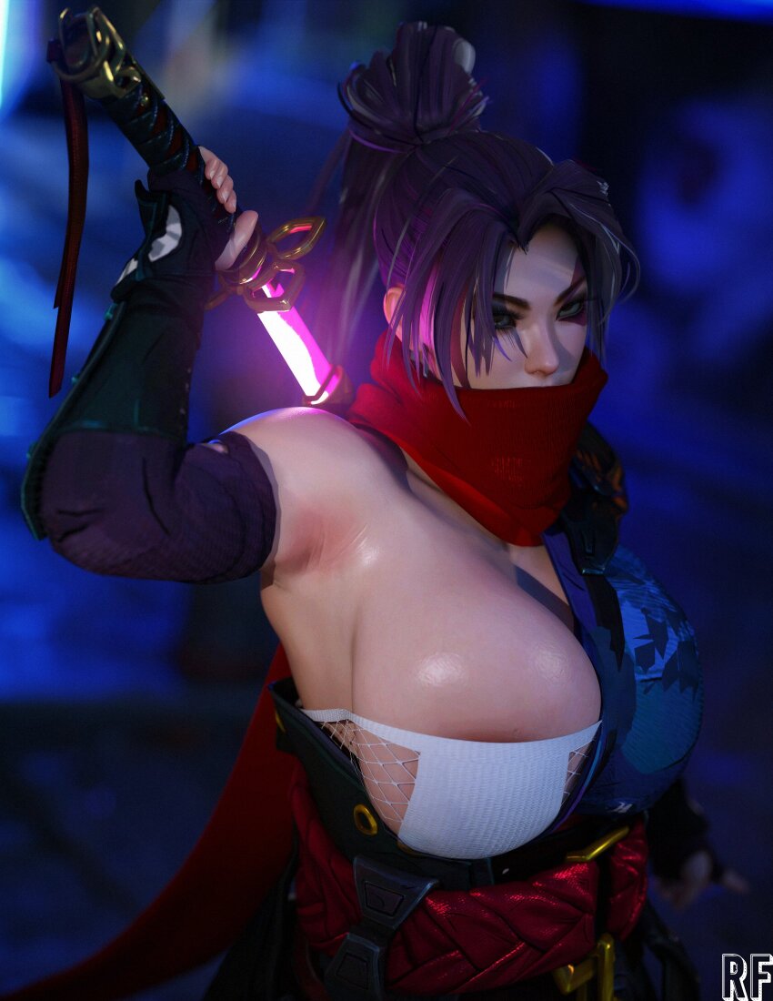 1girl 3d areola_slip armpits bare_shoulders breasts covered_mouth elbow_gloves energy_blade gloves highres holding holding_sword holding_weapon long_hair marvel marvel_rivals obi one_breast_out psylocke psylocke_(sai) purple_hair rude_frog sash solo superhero_costume sword weapon x-men x-men:_children_of_the_atom