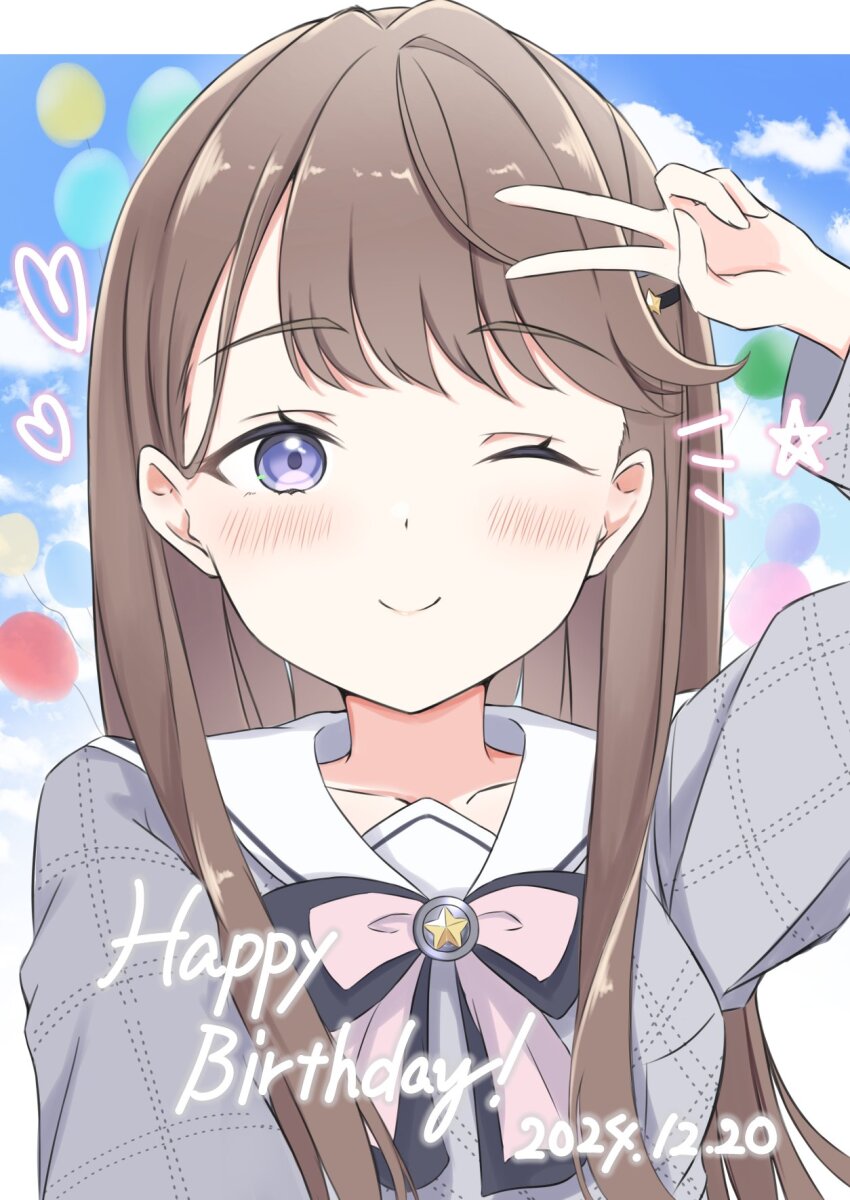 1girl ;) balloon black_bow black_bowtie blue_sky blush bow bowtie breasts brown_hair closed_mouth cloud collarbone dated day dress fujishima_megumi grey_dress hair_ornament hairclip happy_birthday heart highres iroha_(nami3) josho_kiryu_(love_live!) letterboxed link!_like!_love_live! long_hair looking_at_viewer love_live! medium_breasts one_eye_closed outside_border pink_bow pink_bowtie purple_eyes sailor_collar selfie sky smile solo split_mouth star_(symbol) star_hair_ornament straight-on upper_body v v_over_head virtual_youtuber white_sailor_collar