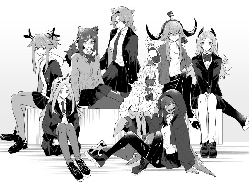 6+girls absinthe_(arknights) alternate_costume animal_ears antlers arknights bags_under_eyes bear_ears bear_girl bottle camel_ears camel_girl clothes_around_waist cow_girl cow_horns dark-skinned_female dark_skin deer_antlers deer_girl feathered_wings feathers firewatch_(arknights) flint_(arknights) heavyrain_(arknights) holding holding_bottle horns irene_(arknights) iwashi_80 jacket jacket_around_waist looking_at_viewer multiple_girls pallas_(arknights) raccoon_ears raccoon_girl robin_(arknights) school_uniform shoes sneakers teacher_and_student tuye_(arknights) wine_bottle wings zebra_ears zebra_girl