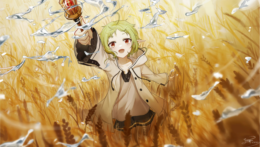 1girl absurdres arm_up black_shorts casting_spell cowboy_shot dated forehead green_hair highres holding holding_wand hood hood_down hooded_jacket jacket looking_at_viewer looking_up magic mushoku_tensei open_clothes open_jacket parted_bangs pointy_ears red_eyes shirt short_eyebrows short_hair shorts signature solo sylphiette_(mushoku_tensei) wand water wheat wheat_field white_jacket white_shirt wide_sleeves yisjhui