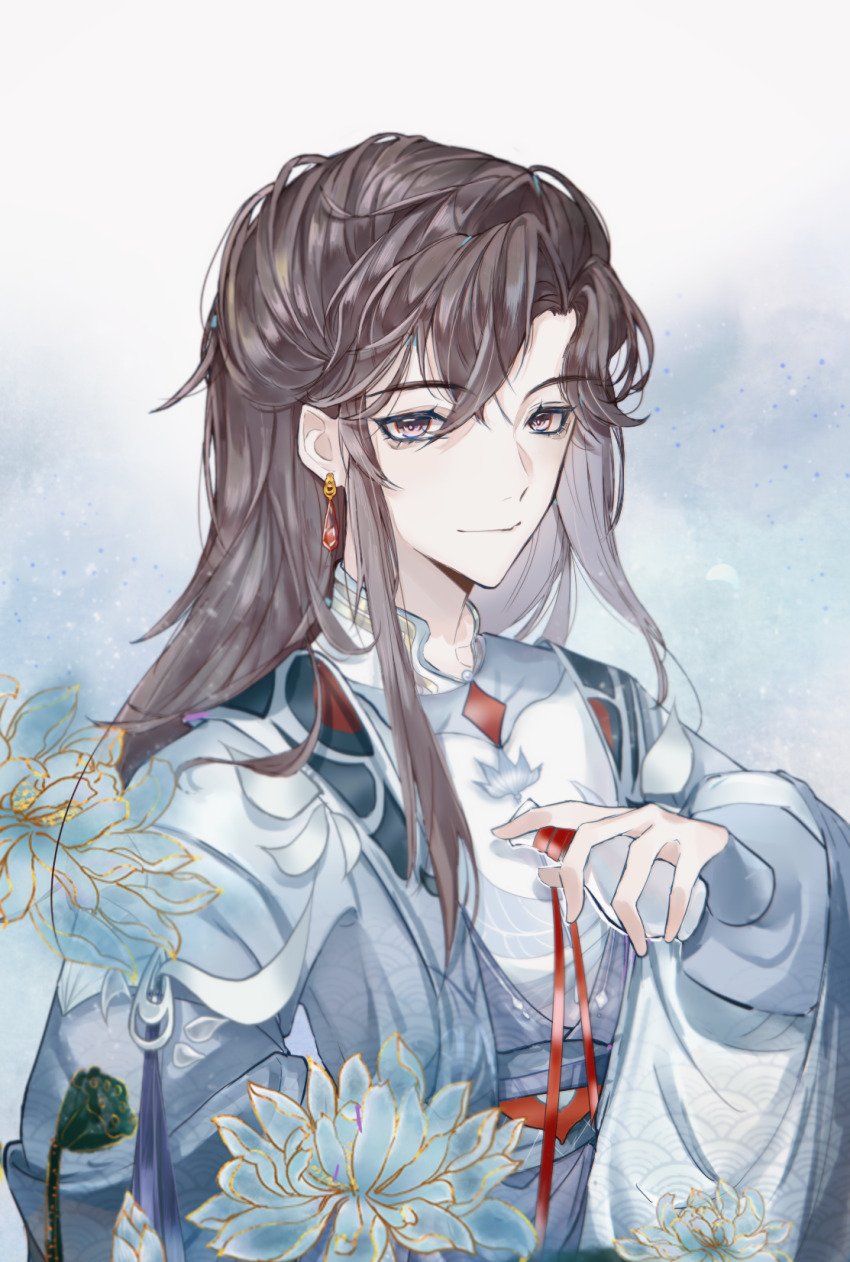 1boy arm_behind_back blue_coat blue_flower blue_sash bottle brown_hair chinese_clothes closed_mouth coat curtained_hair earrings flower hanfu highres holding holding_bottle hua_chen hua_yi_shanxin_zhiyue jewelry layered_sleeves long_hair long_sleeves looking_at_viewer lotus lotus_pod luludeer386 male_focus pointy_ears purple_eyes red_ribbon ribbon robe sash seigaiha shoulder_guard sidelocks sideways_glance smile solo swept_bangs upper_body white_background white_robe wide_sleeves