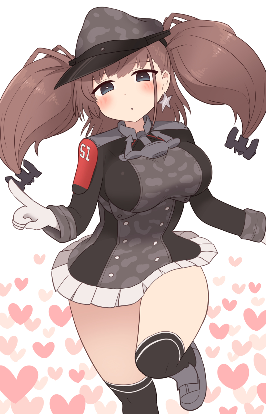 1girl anchor_hair_ornament atlanta_(kancolle) black_hat black_thighhighs blush brown_hair cosplay earrings gloves grey_eyes grey_footwear hair_ornament hat heart highres jewelry kantai_collection leg_up long_hair over-kneehighs peaked_cap prinz_eugen_(kancolle) prinz_eugen_(kancolle)_(cosplay) simoyuki skirt solo star_(symbol) star_earrings thighhighs two_side_up white_background white_gloves white_skirt